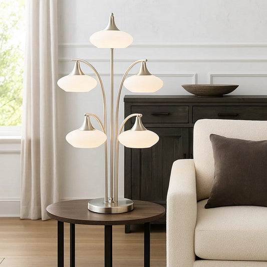 31 Inch Table Lamp, 5 Dome Shape Shades, Glass, Sand Chrome Finished Metal