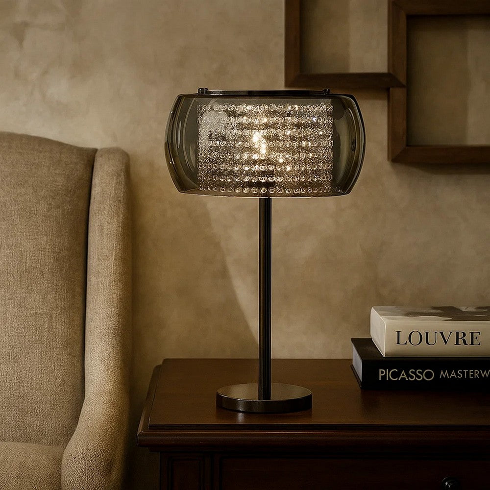 Hana 30 Inch Table Lamp, Modern Crystal Glass Shade, Metal, Black Nickel