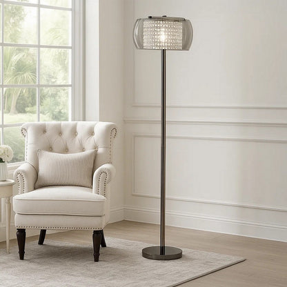 Hana 61 Inch Floor Lamp, Modern Crystal Glass Shade, Metal, Black Nickel