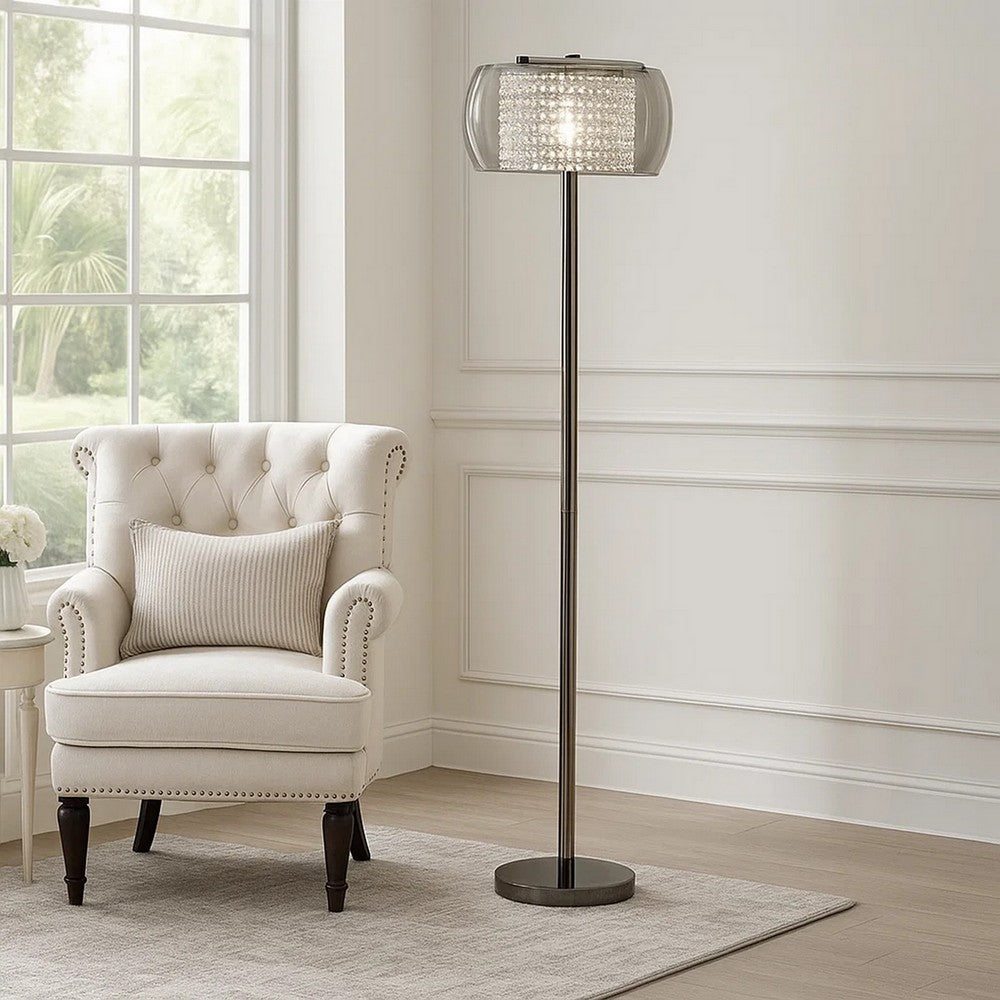 Hana 61 Inch Floor Lamp, Modern Crystal Glass Shade, Metal, Black Nickel