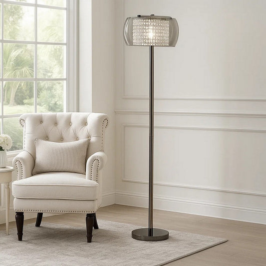 Hana 61 Inch Floor Lamp, Modern Crystal Glass Shade, Metal, Black Nickel