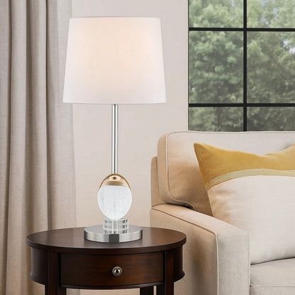27 Inch Table Lamp, Tapered Drum Fabric Shade, Modern Metal Base, Silver