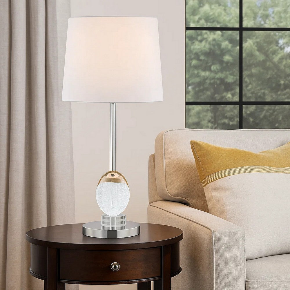 27 Inch Table Lamp, Tapered Drum Fabric Shade, Modern Metal Base, Silver