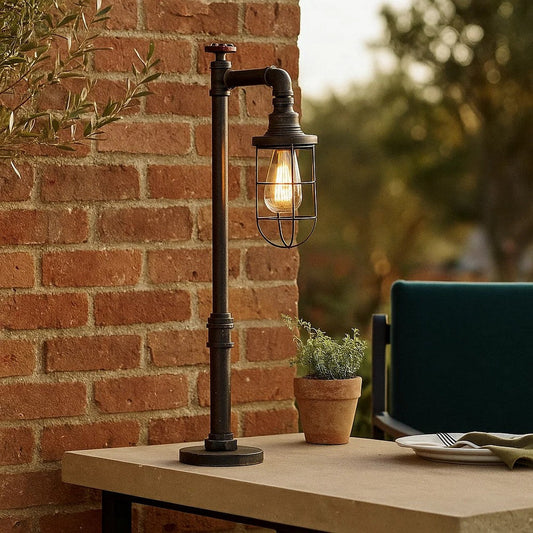 29 Inch Table Lamp, Dome Shade, Industrial Pipe Design, Rustic Bronze