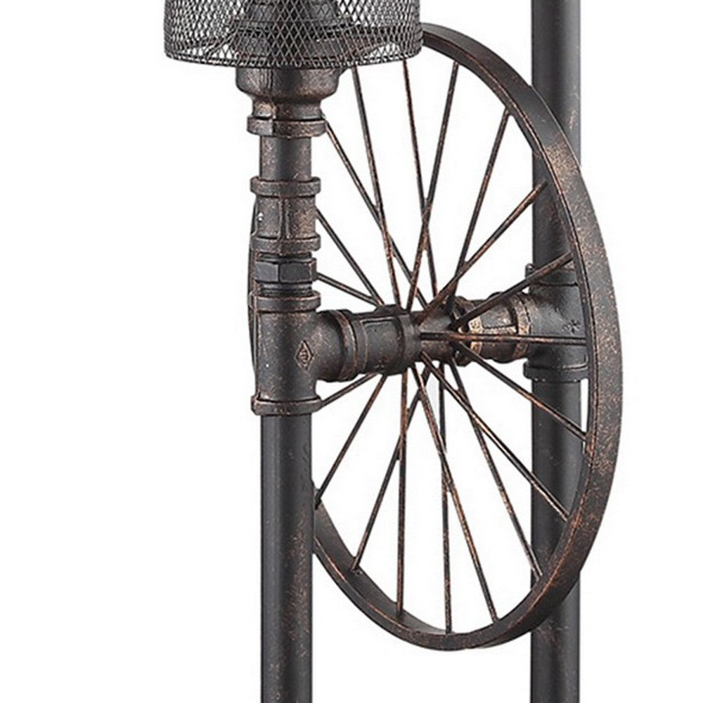 34 Inch Table Lamp, Drum Mesh Shade, Metal Base, Rustic Bronze Finish