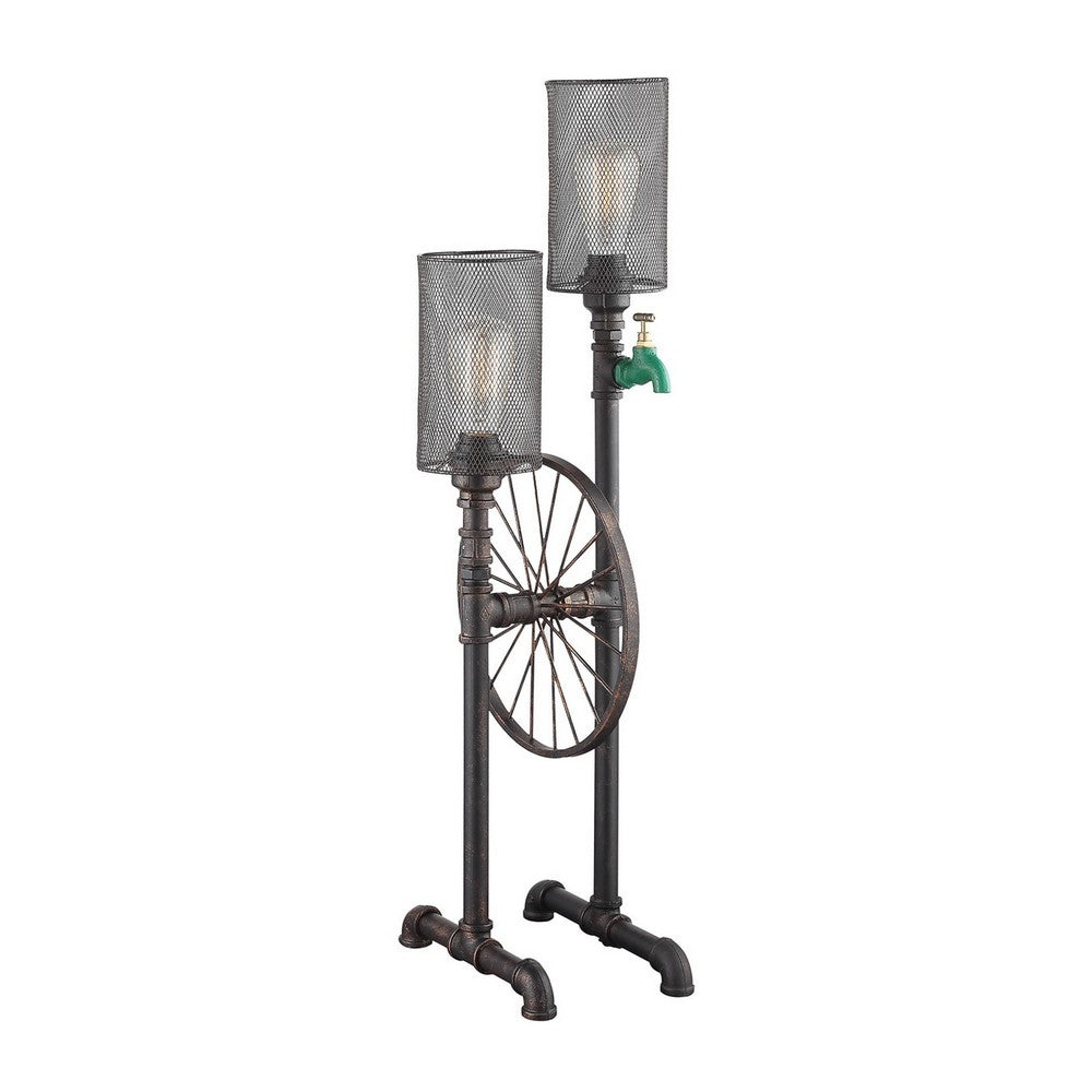34 Inch Table Lamp, Drum Mesh Shade, Metal Base, Rustic Bronze Finish