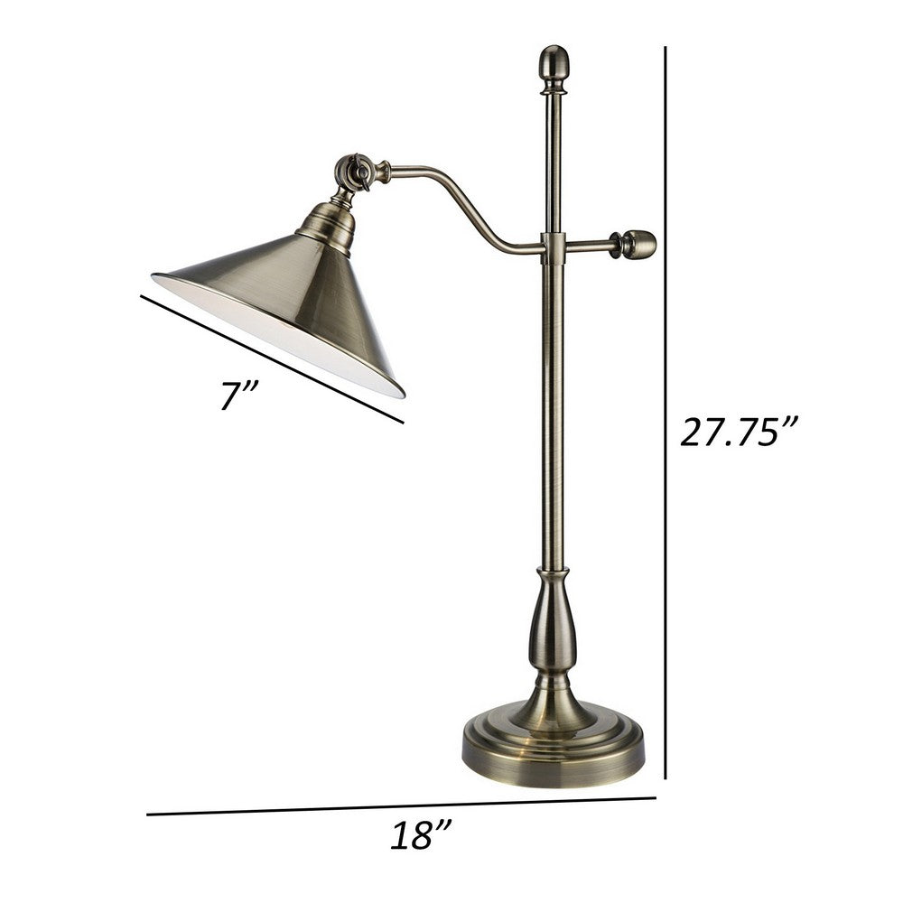 28 Inch Table Lamp, Classic Cone Shape Metal Shade, Antique Rustic Brass