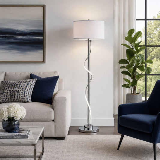 Jame 59 Inch Floor Lamp, Drum Shade, Accent Round Metal Base, Chrome