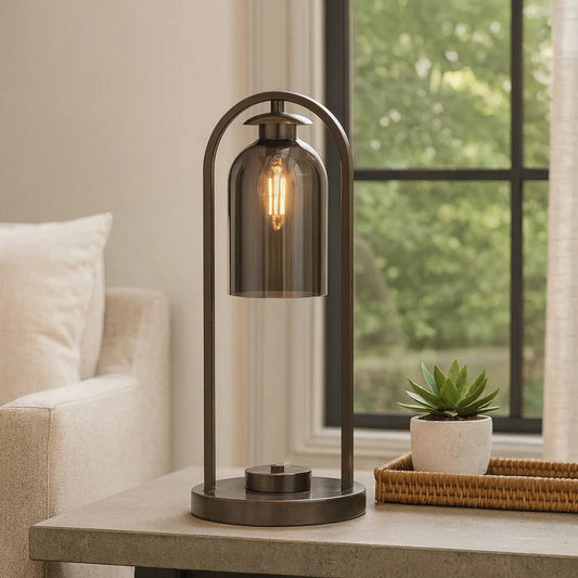 21 Inch Table Lamp, Cylinder Glass Shade, Round Base, Rustic Nickel Gray