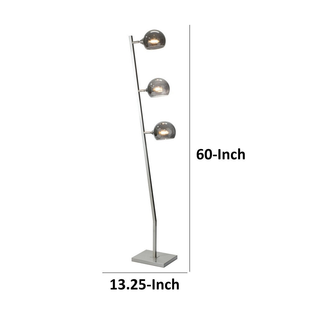 60 Inch Floor Lamp, 3 Dome Glass Shades, Accent Square Metal Base, Nickel