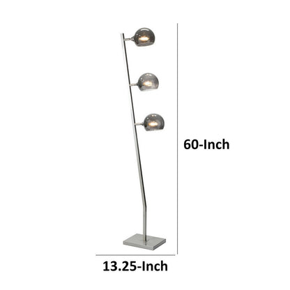 60 Inch Floor Lamp, 3 Dome Glass Shades, Accent Square Metal Base, Nickel