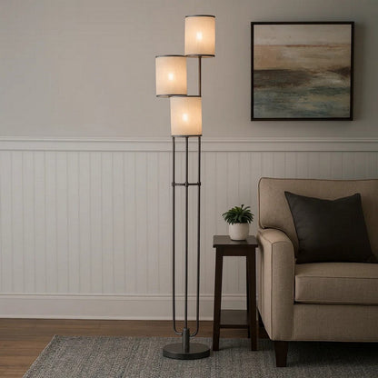 Zen 67 Inch Floor Lamp, 3 Drum Fabric Shades, Round Metal Base, Gray