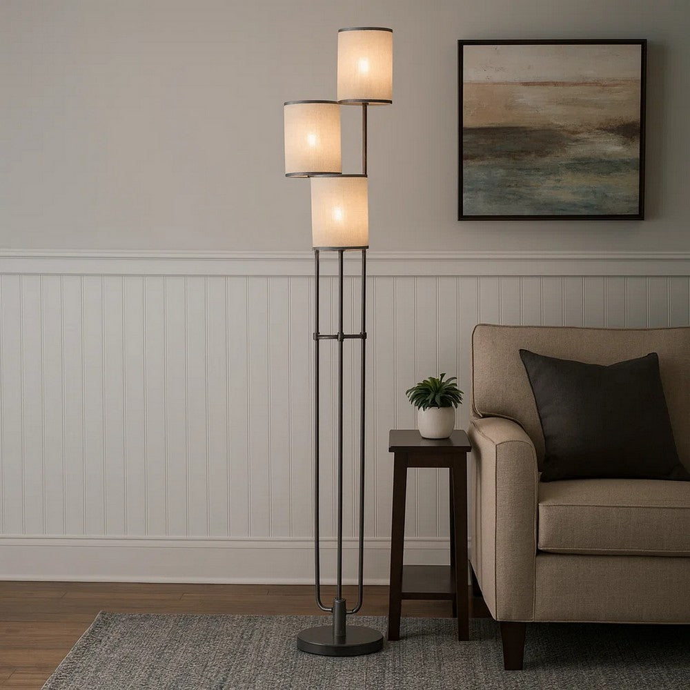 Zen 67 Inch Floor Lamp, 3 Drum Fabric Shades, Round Metal Base, Gray