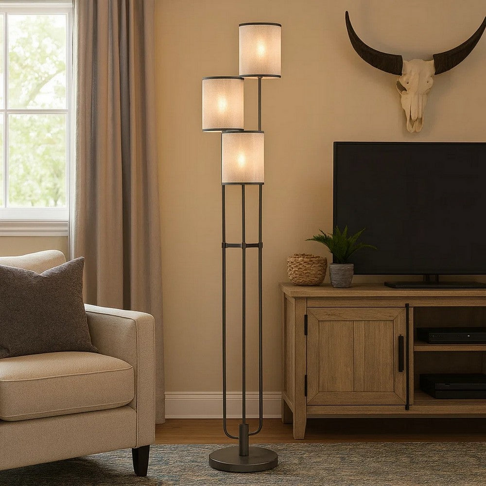 Zen 67 Inch Floor Lamp, 3 Drum Fabric Shades, Round Metal Base, Gray