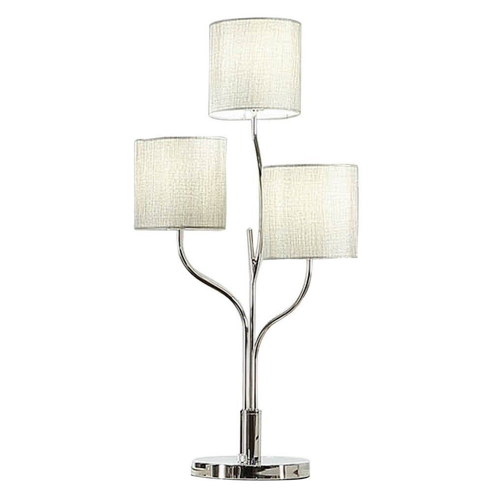 Indi 30 Inch Table Lamp, 3 Drum Fabric Shade, Round Metal Base, Silver