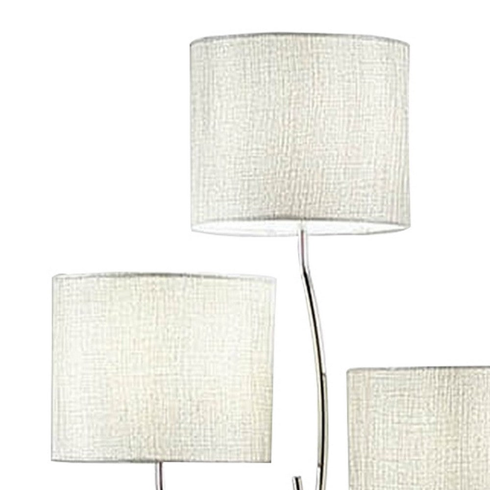 Indi 60 Inch Floor Lamp, 3 Drum Fabric Shade, Round Metal Base, Silver
