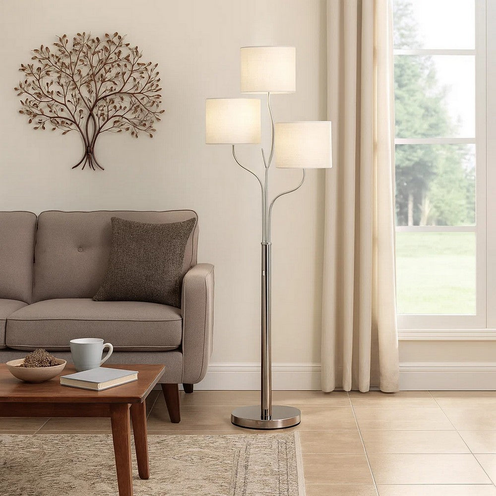 Indi 60 Inch Floor Lamp, 3 Drum Fabric Shade, Round Metal Base, Silver