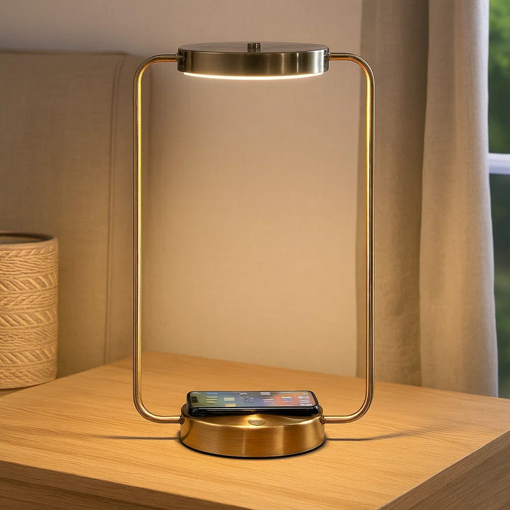 Gizo 21 Inch Table Lamp, LED Light, Wireless Charging, Metal Base, Brass