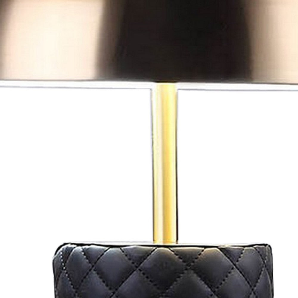 Aria 21 Inch Table Lamp, Dome Shade, Round Base, Black Faux Leather, Brass