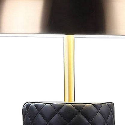 Aria 21 Inch Table Lamp, Dome Shade, Round Base, Black Faux Leather, Brass