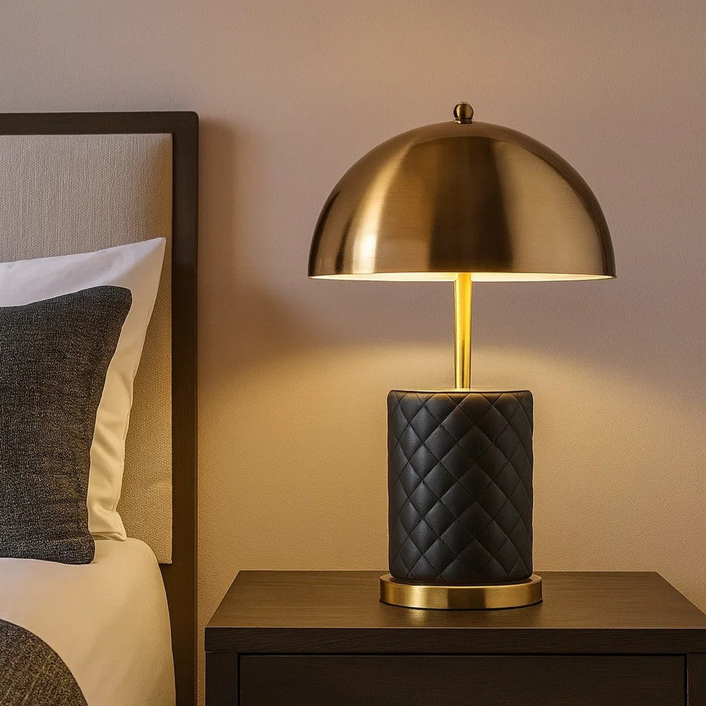 Aria 21 Inch Table Lamp, Dome Shade, Round Base, Black Faux Leather, Brass
