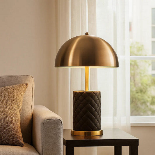 Aria 21 Inch Table Lamp, Dome Shade, Round Base, Black Faux Leather, Brass
