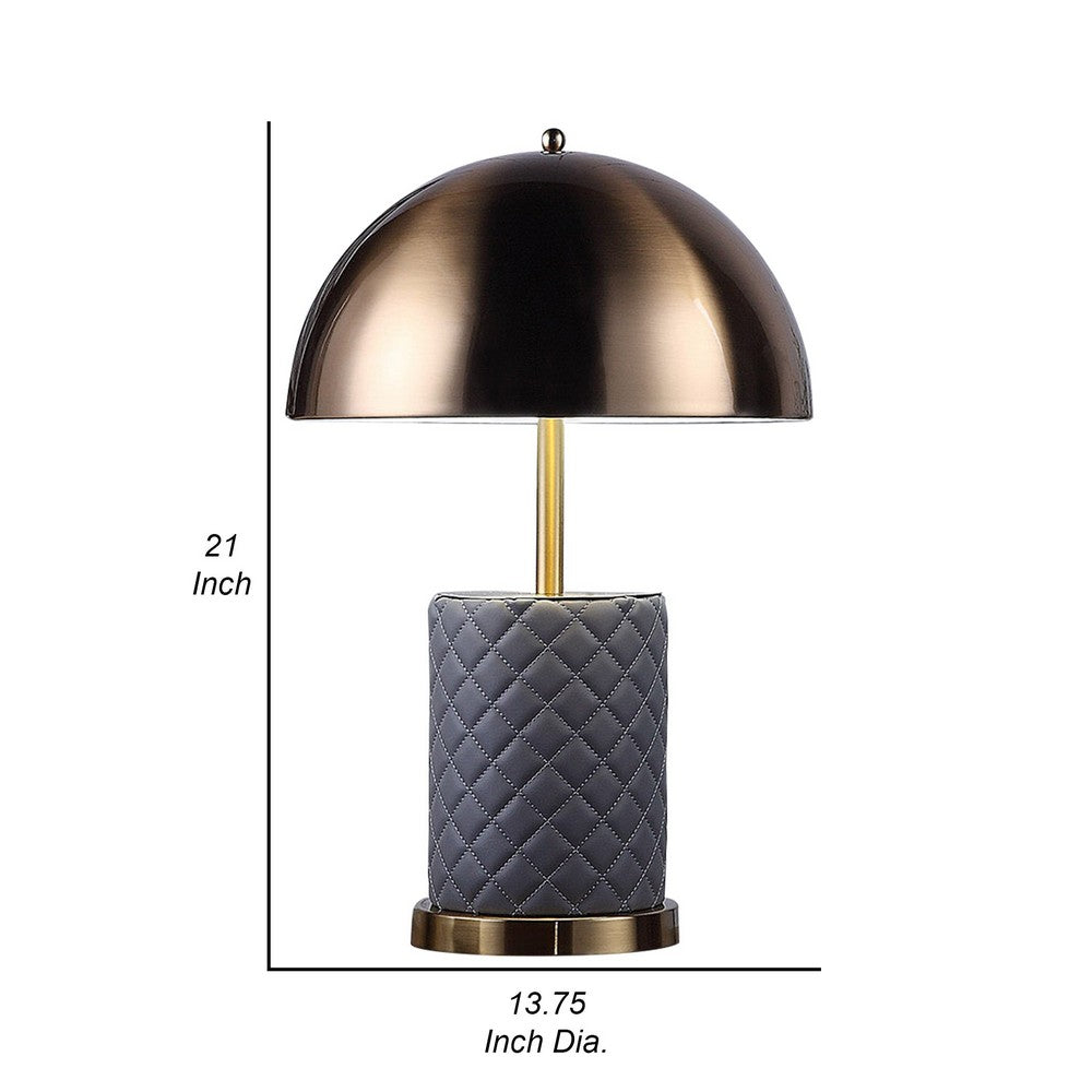 Aria 21 Inch Table Lamp, Dome Shade, Round Base, Gray Faux Leather, Brass