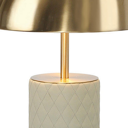 Aria 21 Inch Table Lamp, Dome Shade, Round Base, Beige Faux Leather, Brass