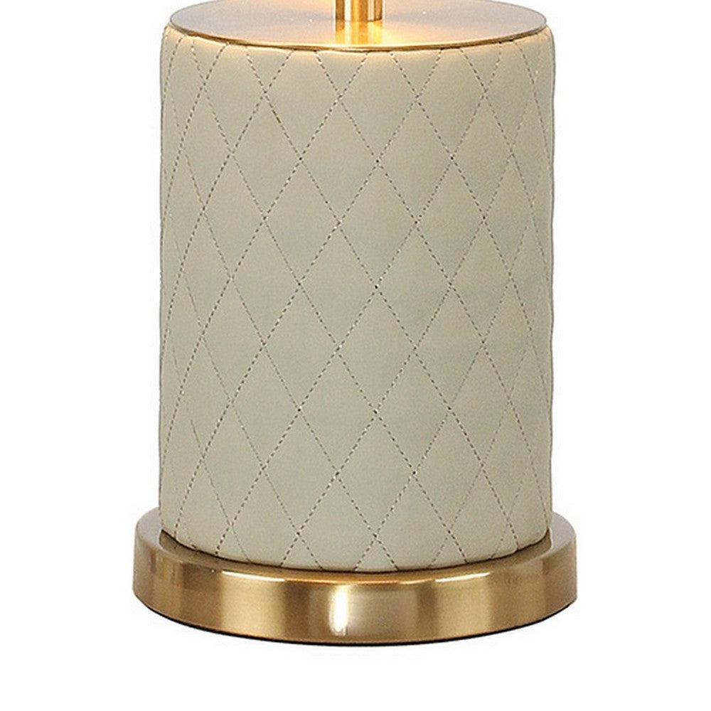 Aria 21 Inch Table Lamp, Dome Shade, Round Base, Beige Faux Leather, Brass