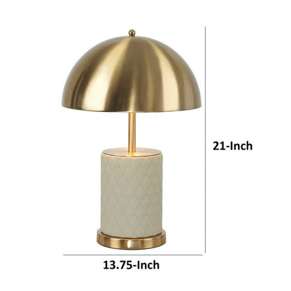 Aria 21 Inch Table Lamp, Dome Shade, Round Base, Beige Faux Leather, Brass