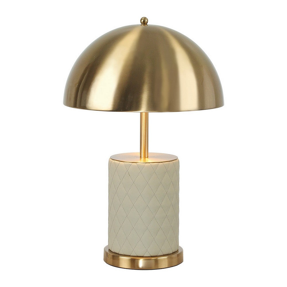 Aria 21 Inch Table Lamp, Dome Shade, Round Base, Beige Faux Leather, Brass