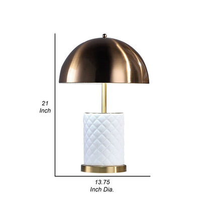 Aria 21 Inch Table Lamp, Dome Shade, Round Base, White Faux Leather, Brass