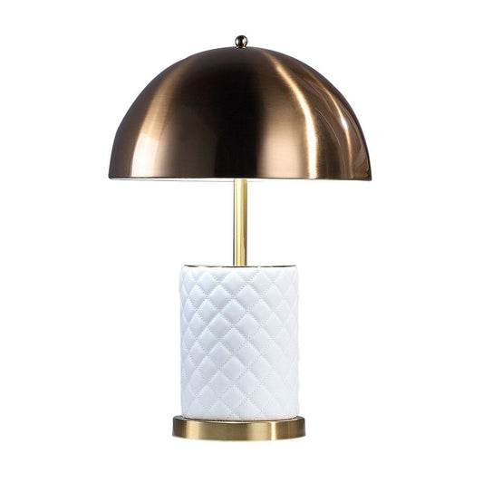 Aria 21 Inch Table Lamp, Dome Shade, Round Base, White Faux Leather, Brass