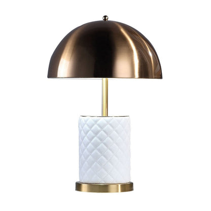 Aria 21 Inch Table Lamp, Dome Shade, Round Base, Faux Leather, Brass – White