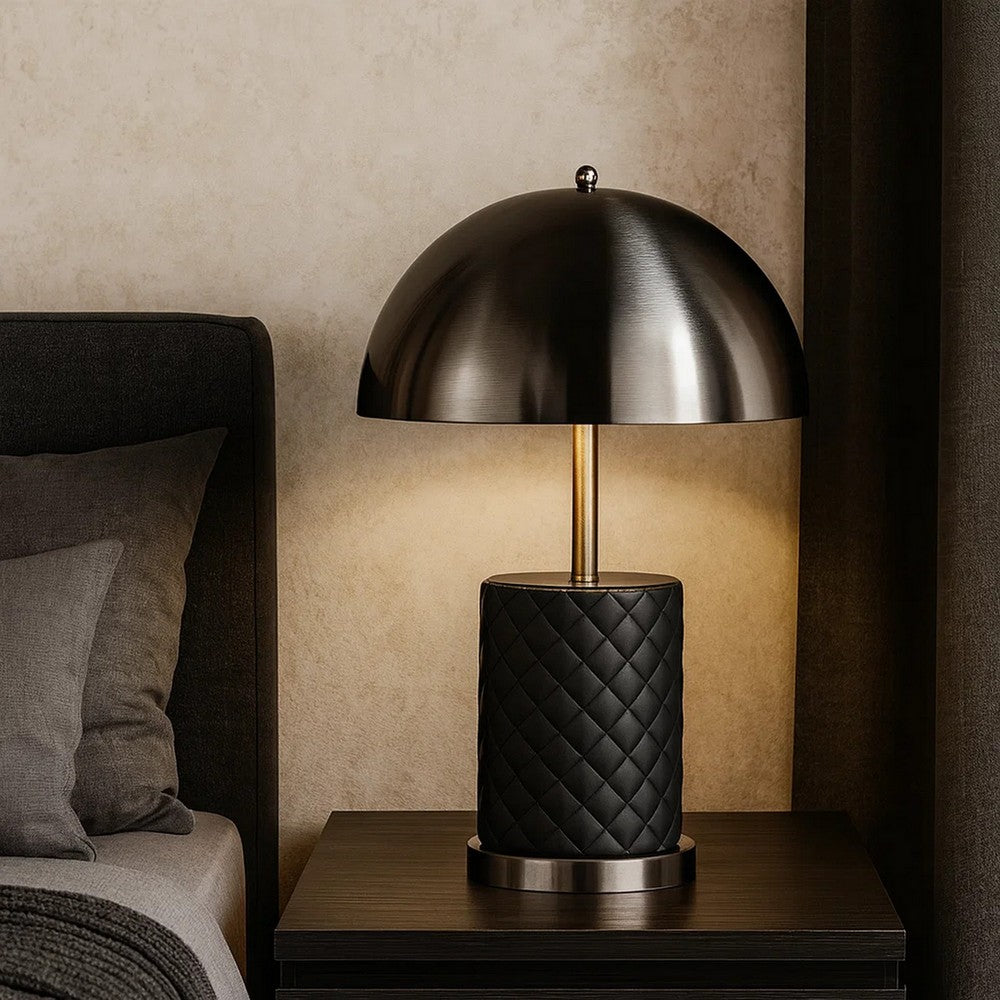 Aria 21 Inch Table Lamp, Round, Dome Shade, Dark Silver, Black Faux Leather