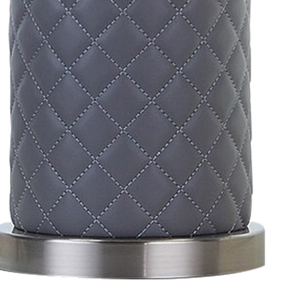 Aria 21 Inch Table Lamp, Dome Shade, Round, Gray Faux Leather, Dark Silver