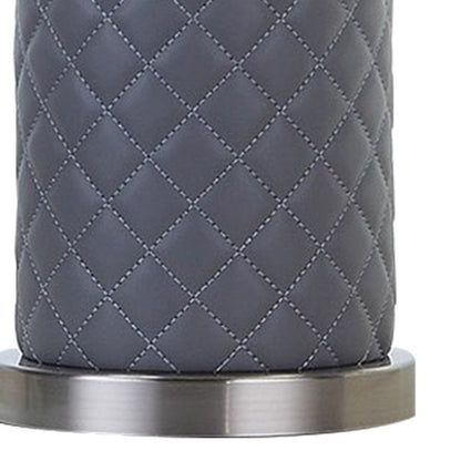 Aria 21 Inch Table Lamp, Dome Shade, Round, Gray Faux Leather, Dark Silver