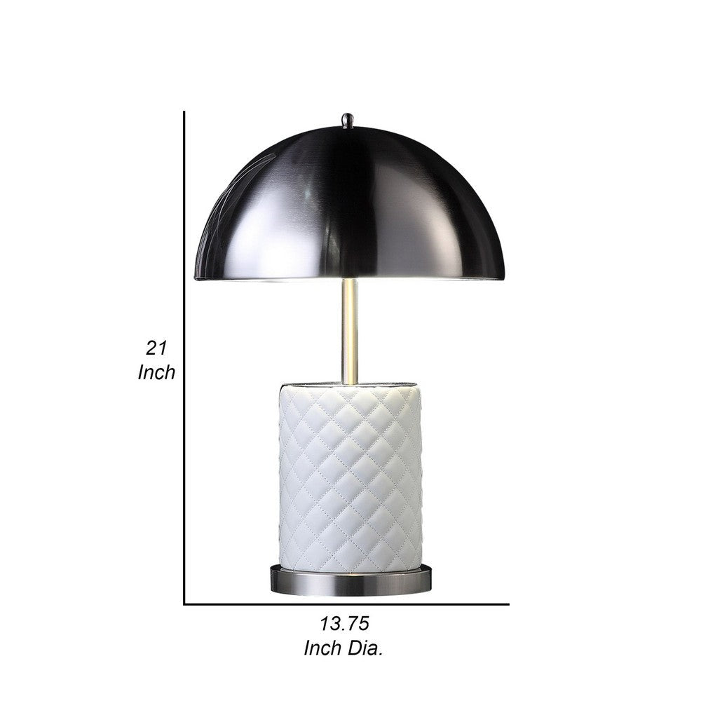 Aria 21 Inch Table Lamp, Round, Dome Shade, Dark Silver, White Faux Leather