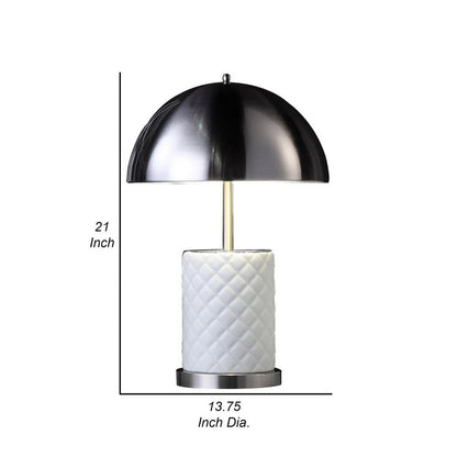 Aria 21 Inch Table Lamp, Round, Dome Shade, Dark Silver, White Faux Leather