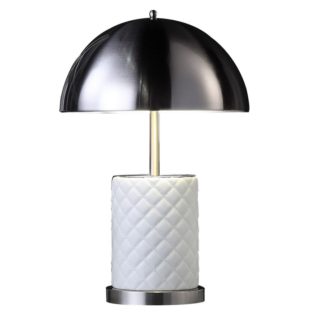 Aria 21 Inch Table Lamp, Round, Dome Shade, Dark Silver, White Faux Leather