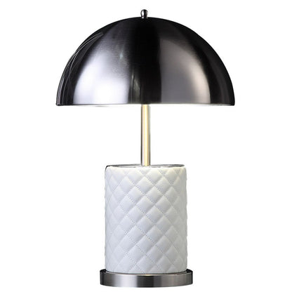 Aria 21 Inch Table Lamp, Round, Dome Shade, Dark Silver, Faux Leather – White