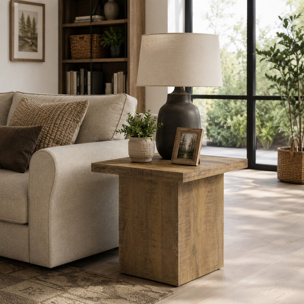 Zet 24 Inch Square End Table with Oversized Block Base, Mango Brown