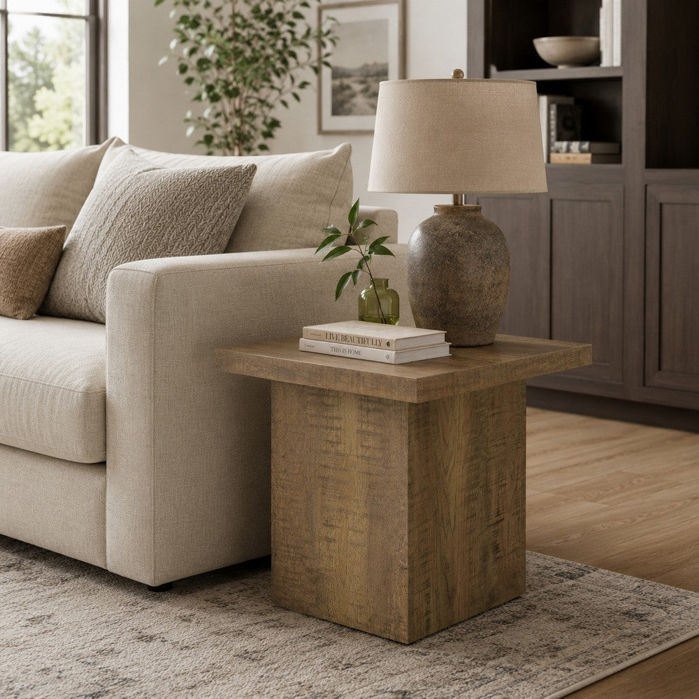 Zet 24 Inch Square End Table with Oversized Block Base, Mango Brown