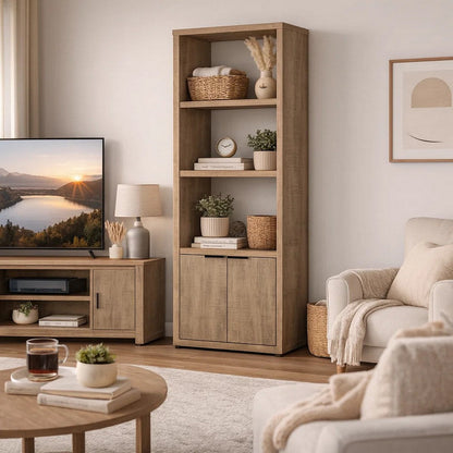 Tag 71 Inch Media Tower with 3 Shelves, 2 Doors, MDF Wood, Mango Brown