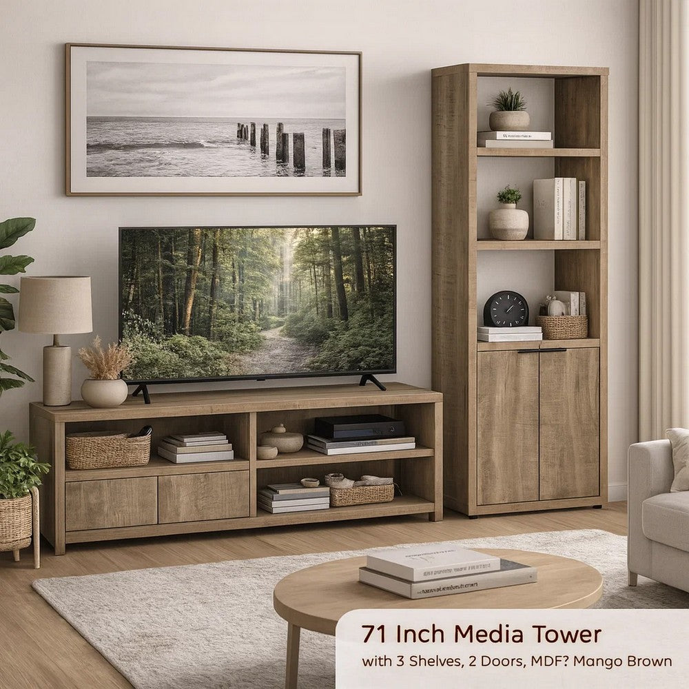 Tag 71 Inch Media Tower with 3 Shelves, 2 Doors, MDF Wood, Mango Brown