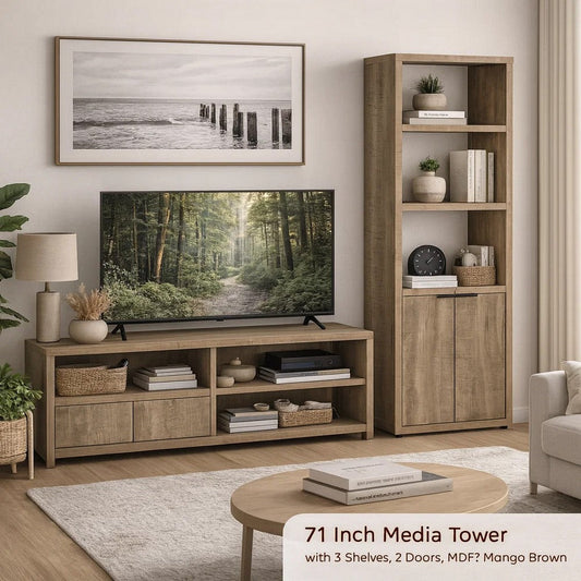 Tag 71 Inch Media Tower with 3 Shelves, 2 Doors, MDF Wood, Mango Brown