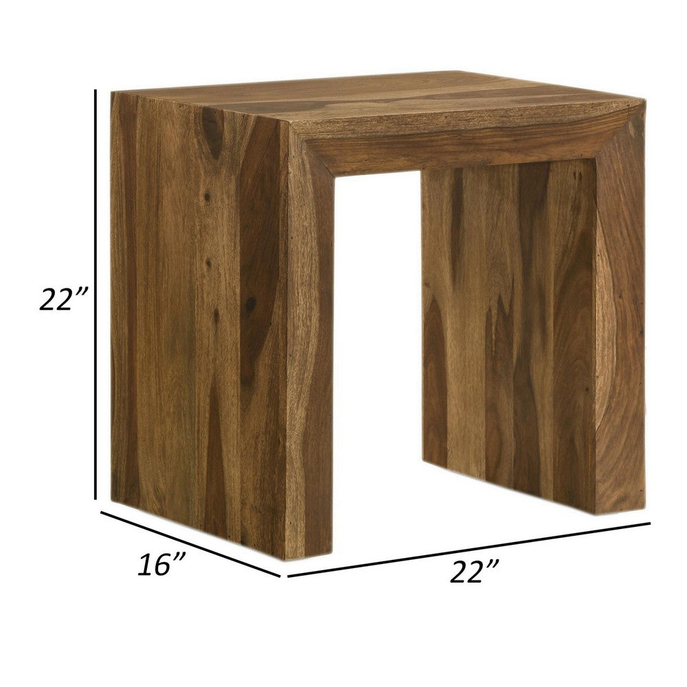 Ody 22 Inch Side End Table, U Shaped, Sheesham Wood, Auburn Brown Finish