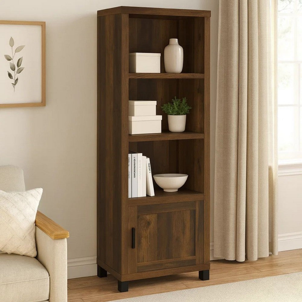 Sac 71 Inch Media Pier Tower with 3 Shelves and Cabinet, Dark Pine Wood