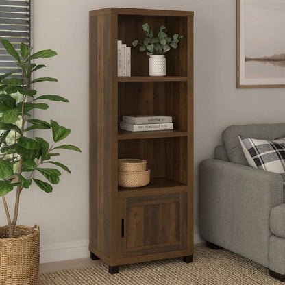 Sac 71 Inch Media Pier Tower with 3 Shelves and Cabinet, Dark Pine Wood