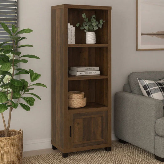 Sac 71 Inch Media Pier Tower with 3 Shelves and Cabinet, Dark Pine Wood